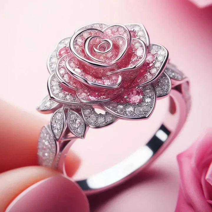 Exotic Silver-Plated Ring with Pink Flowers